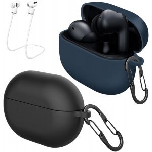 Lot de 2 Coque pour Xiaomi Redmi Buds 4 Pro, &Eacute;tui de Protection en Silicone Liquide, Housse &Eacute;couteur Antichoc Ultrafine avec 2 Mousqueton et 2 Cordon de Anti-Perte - Bleu et Noir - Neuf