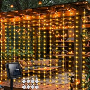 Jgd-Rideau Lumineux Solaire &Eacute;tanche Avec 144 Led - Avec Minuteur - 8 Modes - Pour Jardin, Terrasse, Cl&ocirc;ture, Tonnelle - Blanc Chaud - 2,4 X 1,8 M - Neuf