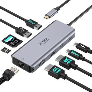 Docking Station d'accueil USB C Dual HDMI, Adaptateur Hub USB C Multiport 9 en 1 vers 4K HDMI, 5 Gbit/s USB C/A 3.0, USB 2.0, PD100W, Ethernet RJ45, SD/Micro SD Lecteur de Cartes pour HP - Neuf