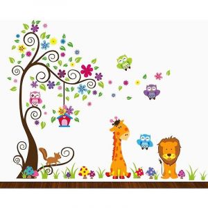 Stickers muraux pour enfants, motif hibou, girafe, lion, arbre, décoration unisexe pour chambre d'enfant, salle de jeux, crèche - Neuf