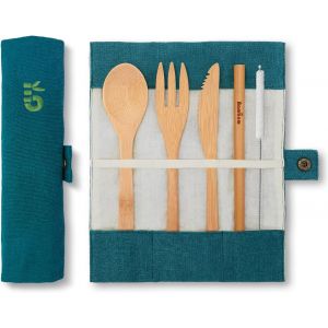 Checarzhn--No1-Set Couverts En Bambou | Couverts En Bois | Kit Couverts Écologique | Couteau, Fourchette, Cuillère Et Paille| Couverts De Voyage | Couverts Camping Avec Housse De Rangement | Lagon | - Neuf