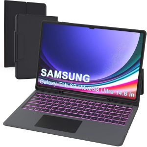 Étui Clavier Pour Samsung Galaxy Tab S10 Ultra/S9 Ultra/S8 Ultra 14.6"" - 7 Couleurs Rétroéclairées Tablette Coque Sans Fil Avec Pavé Tactile - Tab S9 Ultra Azerty Français Clavier, Noir - Neuf