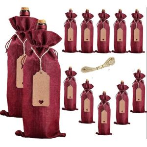 12 Sacs À Vin En Toile De Jute Avec Cordon De Serrage - Bourgogne, Sacs À Vin Réutilisables Pour Les Fêtes - Neuf