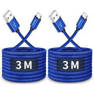 TZF-Cable USB C 3M Charge Rapide (Bleu, 2Pack), 3A Chargeur USB C pour Samsung Galaxy S20 S21 S22 S23 S10 S9 S10e, A13 A14 A23 A33 A51 A52 A53 A54 A70 A50 A40 et Plus - Neuf