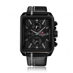 Montre Homme Naviforce A Quartz, Bracelet En Cuir, Etanche 3atm, Cadran Carre (Noir Et Gris) - Neuf
