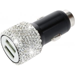 Eryi-Chargeur De Voiture Double Usb Décoration En Cristal Brillant Sécurité De Charge Rapide Compatible Avec Xs Max/Xs/Xr/X/7/8/6 Et Android Téléphone, Argent - Neuf
