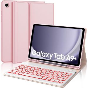 Samsung Tab A9 Plus 11 Inch 2023 Keyboard with 7 Colours Backlight, French AZERTY Magnetic Bluetooth Wireless Keyboard Case Cover for Samsung Tab A9 Plus (SM-X210/X216/X218), Pink - Neuf