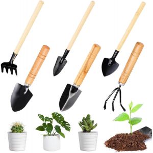 KALANKA-Lot de 6 petits outils de jardinage pour enfants - Avec poignée en bois - Râteau à main - Pour les plantes à fleurs, la transplantation et le desserrage de la terre - Neuf