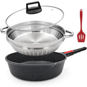 Subzonal-Po&ecirc;le &Agrave; Frire 28 Cm, Lot De 4 Po&ecirc;les Antiadh&eacute;sive (Po&ecirc;le Avec Couvercle, Panier Vapeur/Panier Passoire, Spatule En Silicone), Avec Poign&eacute;e Amovible, Va Au Four (Noir) - Neuf