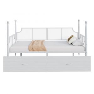 Lit banquette en fer 90x200 dossier en filet vintage entour&eacute; de hauts supports en colonne structure en m&eacute;tal avec compartiments de rangement blanc - Neuf