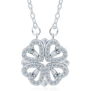 Collier Pour Femme En Argent Sterling 925 Avec Pendentif Tr&egrave;fle &Agrave; Quatre Feuilles Et Coeur En Zircone Cubique - Argent, Argent - Neuf