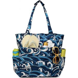 TIANYI-Sac de Plage Femme, Poches Multiples Grand Sac Cabas Zippé Femme d'Été Pliable 17,5L Résistant à l'Eau Sac de Piscine Tote Bag pour Voyage Vacances Achats Vague de Mer - Neuf