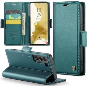 Kal-Coque Pour Samsung Galaxy S22+ 2 Pièces Verre Trempé,Antivol,Prend En Charge Le Chargement Sans Fil, Pochette Fermeture Magnétique Flip Case-Bleu-Vert - Neuf
