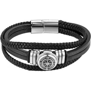 Kal-Bracelet Pour Homme Motard, Bracelet Manchette Multi-Rangs Tressé Cuir Noir Décoré Fause Boussole Vintage Unique Fermoir Magnétique Bijoux Fantaisie Cadeaux Anniversaire Fête Des Pères - Neuf