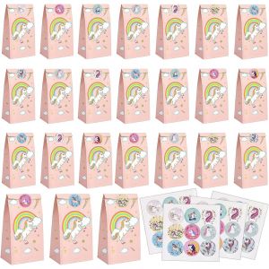 Paquet de 48 Paquets Cadeaux Licorne,24 Sacs en Papier Licorne Arc-en-Ciel Rose + 24 Autocollants de la Licorne Magique-Sacs de Cadeaux de f&ecirc;te de Licorne - Neuf