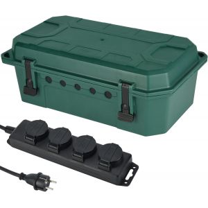 300181 Waterproof Ip54 Outdoor Protection Box With 4 Socket Ip44 Sockets With Caps, 5 M Cable H05Rr-F 3G1.5, Green, Size Xl - Neuf