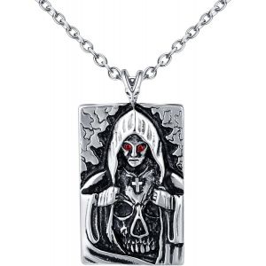 Kal-Hommes Collier Fantôme Squelette En Acier Inoxydable Fashion Pendentif Plaque Carrée De Faucheuse Halloween Collier Amulette Bijoux Fantaisie Adolescents Accessoires Décoration - Neuf