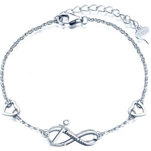 Eryi-Bracelets Élégants Pour Femmes Et Filles, Bracelet En Argent 925, Bracelet Infinity Symbole-Ancre, Avec C?Ur Mini, Lettrages ""Forever Love"", Chaîne Réglable, Argent, Or Rose, Or - Neuf