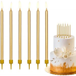 ERYI-Lot De 12 Bougies Dorées Fines Et Élégantes Avec Support De Base En Plastique Pour Gâteau D'Anniversaire, Anniversaire, Fête, Hauteur 12,5 Cm - Neuf