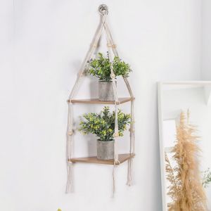 CAUC-&Eacute;tag&egrave;re murale d'angle suspendue &agrave; 2 niveaux avec corde, &eacute;tag&egrave;res flottantes en bois, support de plantes boh&egrave;me rustique, organisateur de rangement de ferme, &eacute;tag&egrave;res suspendues pour plantes, po - Neuf
