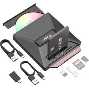 Disque dur externe CD/DVD, Graveur portable USB C 7-en-1 pour ordinateur portable CD/DVD avec 2.5&iquest;&iquest; SATA, Lecteur de cartes SD/Micro SD, Lecteur CD/DVD pour Windows, Linux, Vista, iMac, MacBook - Neuf