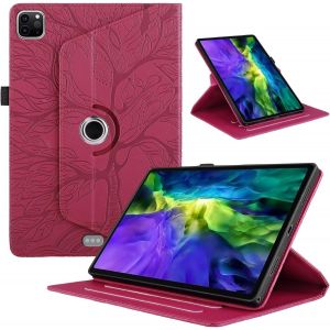 Kal-Coque Pour Ipad Pro 11 11""(2022/2021/2020 4th/3rd/2nd Gen) Flip Pu Cuir 360°Rotatif Multi-Angle Stand Housse Cover Vie Arbre Tablette Protection Coque Ipad Air 11 2024 2025,Rouge - Neuf