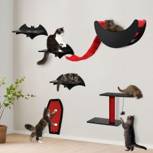 Arbre A Chat Mural, Lot De 7 Étagères Murales Pour Chat, Ensemble Mur D'escalade Pour Chats Muraux Confortables En Peluche Avec Griffoir, Cadeaux D'halloween - Neuf