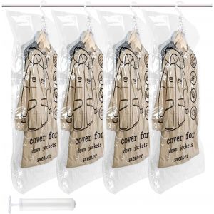 lbgwp60-Housse De Rangement Sous Vide, 4 Pi&egrave;ces Sacs De Rangement Sous Vide Suspendus Pour V&ecirc;tement, 110X70Cm, Housse Sous Vide Pour Vetement Avec Pomper, Pour Costumes, Manteaux, Vestes - Neuf