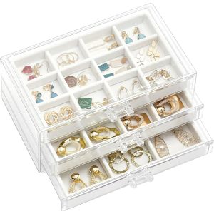 MEVRONISSHOP-Boîte à Bijoux Transparente, 3 Plateaux Bijoux Tiroir, avec Séparateurs Amovibles, Rangement Bijoux Tiroir Acrylique, Range Boucles d'Oreille Bagues Colliers Bracelets - Blanc - Neuf