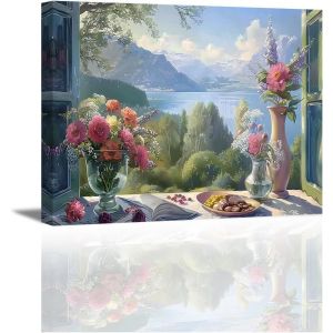 Eryi-Impression Sur Toile Paysage Fenêtres En Bois, Tableau Sur Toile Fleur, Peinture Decoration Murale, Photos De Fleur Pour Studio De Yoga, Chambre, Cadre En Bois Intégré, 40x30 Cm - Neuf