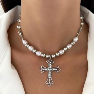Collier Ras Du Cou Gothique En Perles De Cristal Et Croix Punk, Pendentif Crucifix En Strass, Collier Ras Du Cou En Perles D'argent, Collier Croix En Cristal, Bijoux À Breloques Pour Femmes Et Filles - Neuf