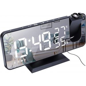 Réveil à Projection pour Chambre à Coucher Grand écran Miroir LED 7,4 '' et Radio-réveil à 4 Gradateurs avec Chargement USB Rotatif à 180 ° 2 Sons Noir-Blanc - Neuf