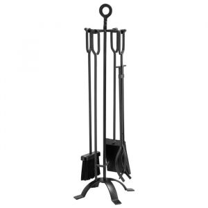 Ensemble d'Accessoires de Chemin&eacute;e 5 Pi&egrave;ces-Duoku-Kit en Fer Forg&eacute; avec Support &agrave; Quatre Branches-Pelle-Balai-Tisonnier-Noire - Neuf