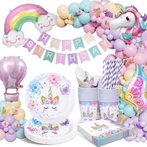 MEVRONISSHOP-Assiettes Anniversaire Licorne, Kit Deco Anniversaire Fille, Decoration Avec Ballon pour Fille Enfants Baby Shower 16 Invit&eacute;s - Neuf