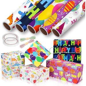 5 Rouleaux Papier Cadeau Anniversaire Enfants (43cm X 300cm) Avec Corde Chanvre & Ruban Adhésif Double Face, Emballage Cadeaux Pour Fêtes D'anniversaire - Neuf