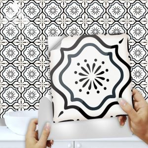 Lot de 20 autocollants pour carrelage de cuisine en PVC, imperm&eacute;ables et r&eacute;sistants &agrave; l'huile, style marocain, noir et blanc, 10 x 10 cm - Neuf
