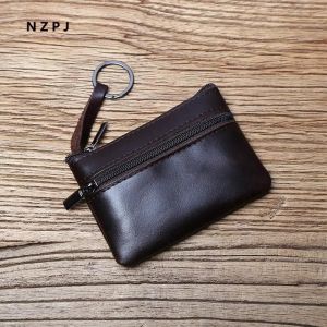 HUED-Mini porte-monnaie en cuir véritable pour hommes, portefeuille en cuir de vache avec fermeture éclair, sac à cartes Vintage, portefeuille court pour dames, étui pour clés NZPJ-Dark curry color - Neuf