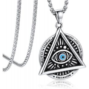 Kal-Homme Collier Ma&ccedil;onnique En Acier Inoxydable/Noir, Pendentif M&eacute;daillon Oeil De Providence/Franc Ma&ccedil;on, Bijou Amulette - Neuf