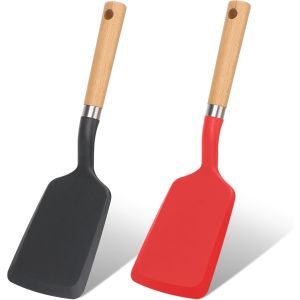 Spatule En Silicone, Spatules &Agrave; Cr&ecirc;pes R&eacute;sistantes &Agrave; La Chaleur Pour Ustensiles De Cuisine Antiadh&eacute;sifs, Ustensiles De Cuisine Avec Manche En Bois Pour Servir, Cuire, Frire(1 Noir Et 1 Rouge) - Neuf