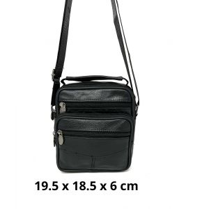 Sacoche bandouli&egrave;re homme en cuir noir multi&iquest;poches avec poign&eacute;e et sangle r&eacute;glable - Neuf