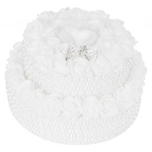 HJLIAN Boite a alliances de mariage avec noud en ruban et perles en forme de gateau, rose, fournitures de ceremonie, blanc (5904) - Neuf