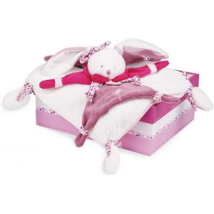 Doudou Plat-Lapin Cerise Rose et Blanc-Boite Cadeau-17 Cm-Id&eacute;e Cadeau de Naissance Fille-Garantie Doudou Perdu-DC2703 - Neuf