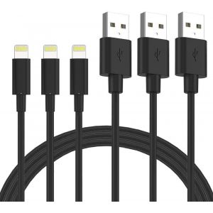 Lot de 3 C&acirc;ble de Chargeur iPhone 1m, MFI CERTIFI&Eacute;, Fil Lightning Charge Rapide pour iPhone 11 Pro XS Max XR X 8 Plus 7 6s 6 Plus 5 Se iPad, Cordon Noir - Neuf