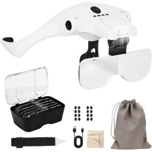 Nsiecd-Lunette Loupe Usb Rechargeable Avec 5 Lentilles D&eacute;tachables(1.0x&iquest;3.5x)Loupe Frontale,Lampe R&eacute;glable 4 Led,Convient Pour La Bijouterie,La Couture,Le Mod&eacute;lisme Et Tous Autres Travaux De Pr&eacute;cisio - Neuf