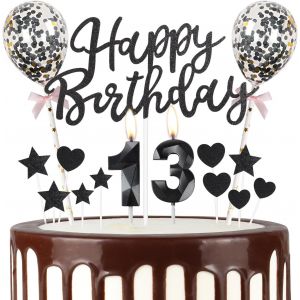 ERYI-Bougie Noire Pour 13E Anniversaire U2013 Décoration De Gâteau « Happy Birthday » U2013 Ballons Noirs U2013 Bougies Noires En Forme De Chiffre 13 Pour Gâteau U2013 Bougies Noires Pour Filles, - Neuf