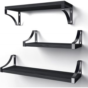 Etagères Murales Lot de 3, Étagère Murale Bois et Métal, Etagères Murales de Rangementen Fil Métallique Rustique Charge Maximal 10Kg (Brun) - Neuf