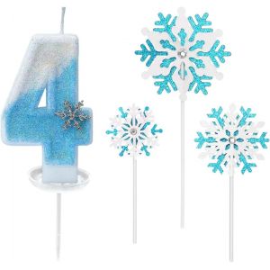 Eryi-Bougie Anniversaire Chiffre, Bougie 4 An Fille, Bleu Et Blanc, Bougies En Forme De Flocon De Neige Pour Gâteau Fille, Décorations De Gâteau D'anniversaire Sur Le Thème De Neiges - Neuf