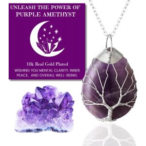 Eryi-Collier Bracelet En Pierre De Lune - Amour Lunaire - Fil Arbre De Vie Plaqué Platine/18 Carats Or Fait À La Main, Pendentifs En Forme De Lune/C?ur/Goutte D'eau En Cristal Naturel - Neuf