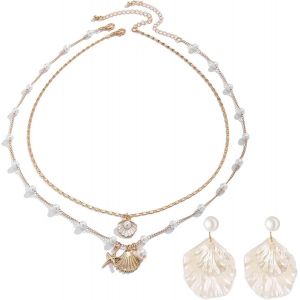 Collier En Coquillage Dor&eacute; Pour Femme,Boucles D'oreilles Perles Coquillage,Collier Boh&egrave;me En Forme D'&eacute;toile De Mer Avec Pendentif En Coquillage Dor&eacute;,Bijoux De Plage Pour L'&eacute;t&eacute; - Neuf