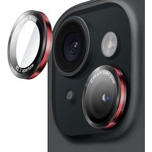 KALANKA-Protecteur d'Objectif de Cam&eacute;ra pour iPhone 15 6,1 Pouces et iPhone 15 Plus 6,7 Pouces, Verre Tremp&eacute; 9H Anneau Individuel en M&eacute;tal Housse, Bicolore, HD Transparent, 1 S&eacute;rie (Noir+Rouge) - Neuf